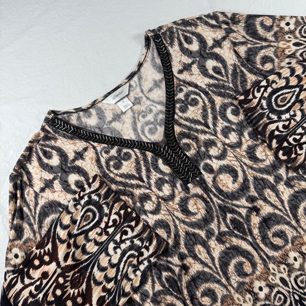 CJ Banks Women's Size 2X Multicolor Beaded V-Neck Long Sleeve Ikat Print Tunic